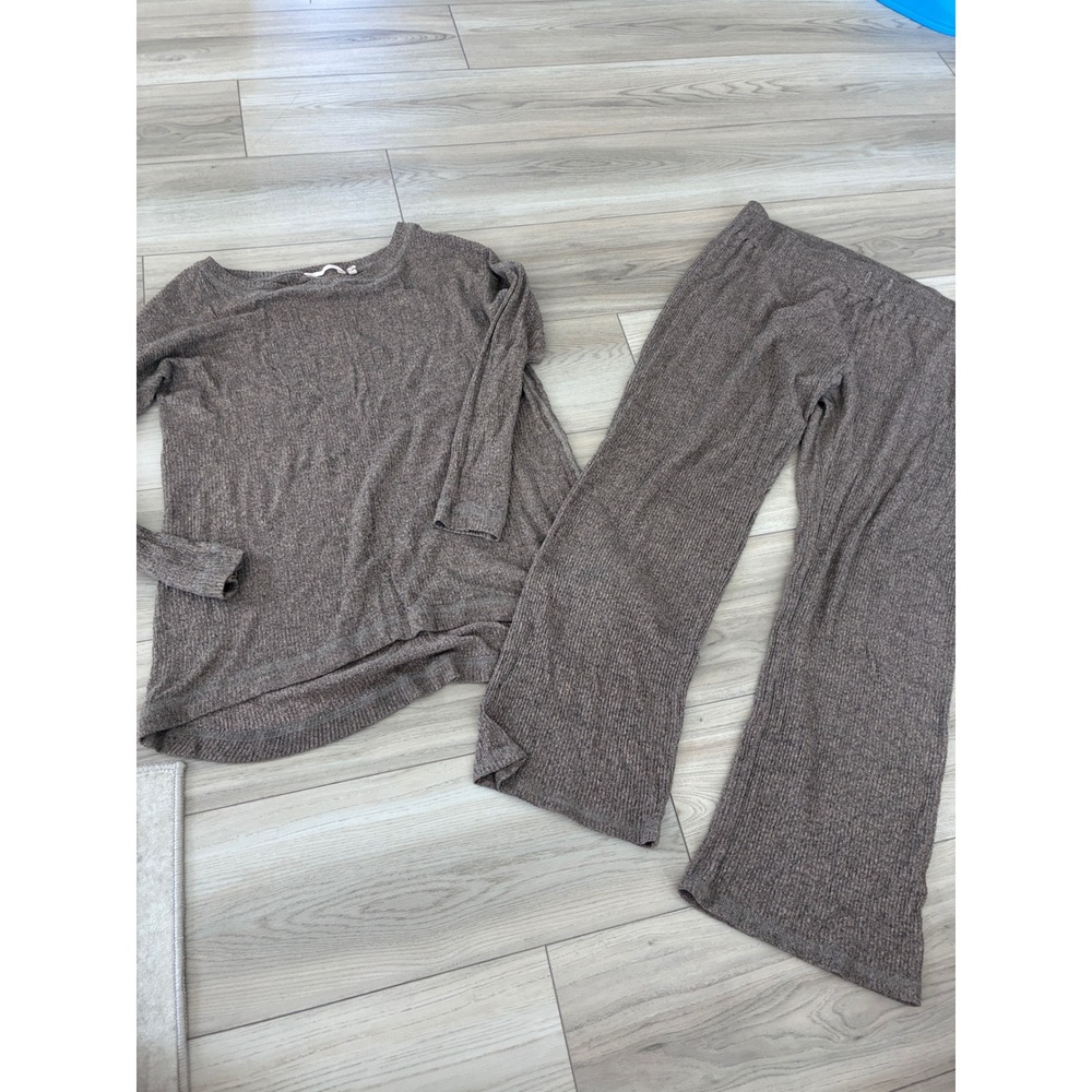 Soft Surroundings Ribbed Knit Lounge Set Tunic Top & Wide Leg Pants Taupe Brown